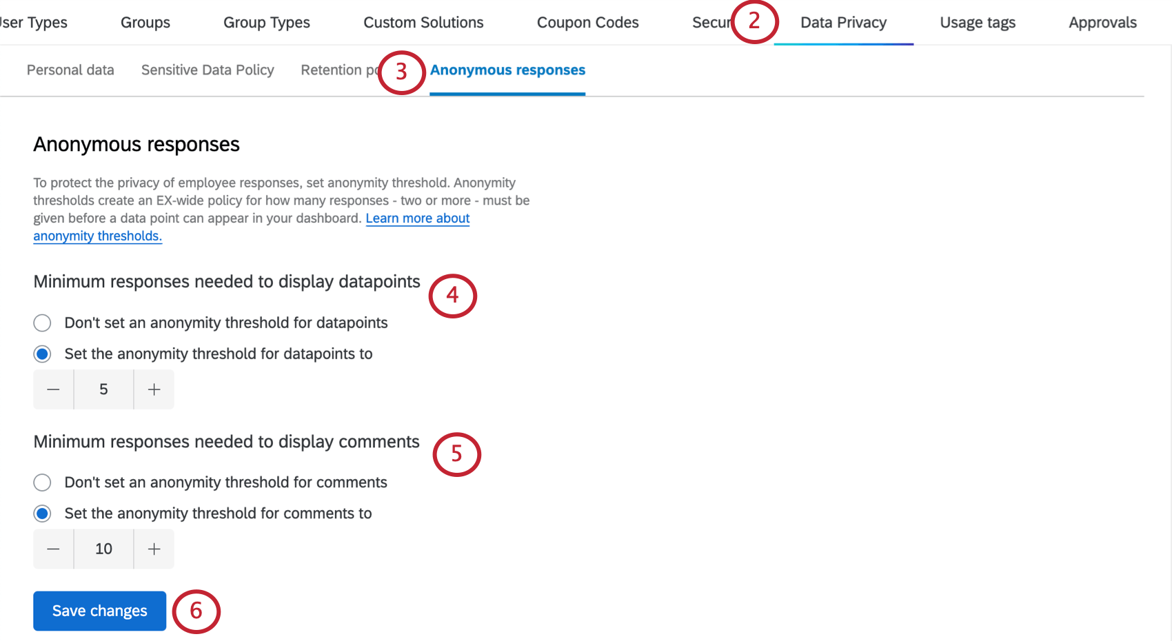 Data privacy tab with options for entering anonymity thresholds