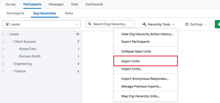 Export Units option under hierarchy tools