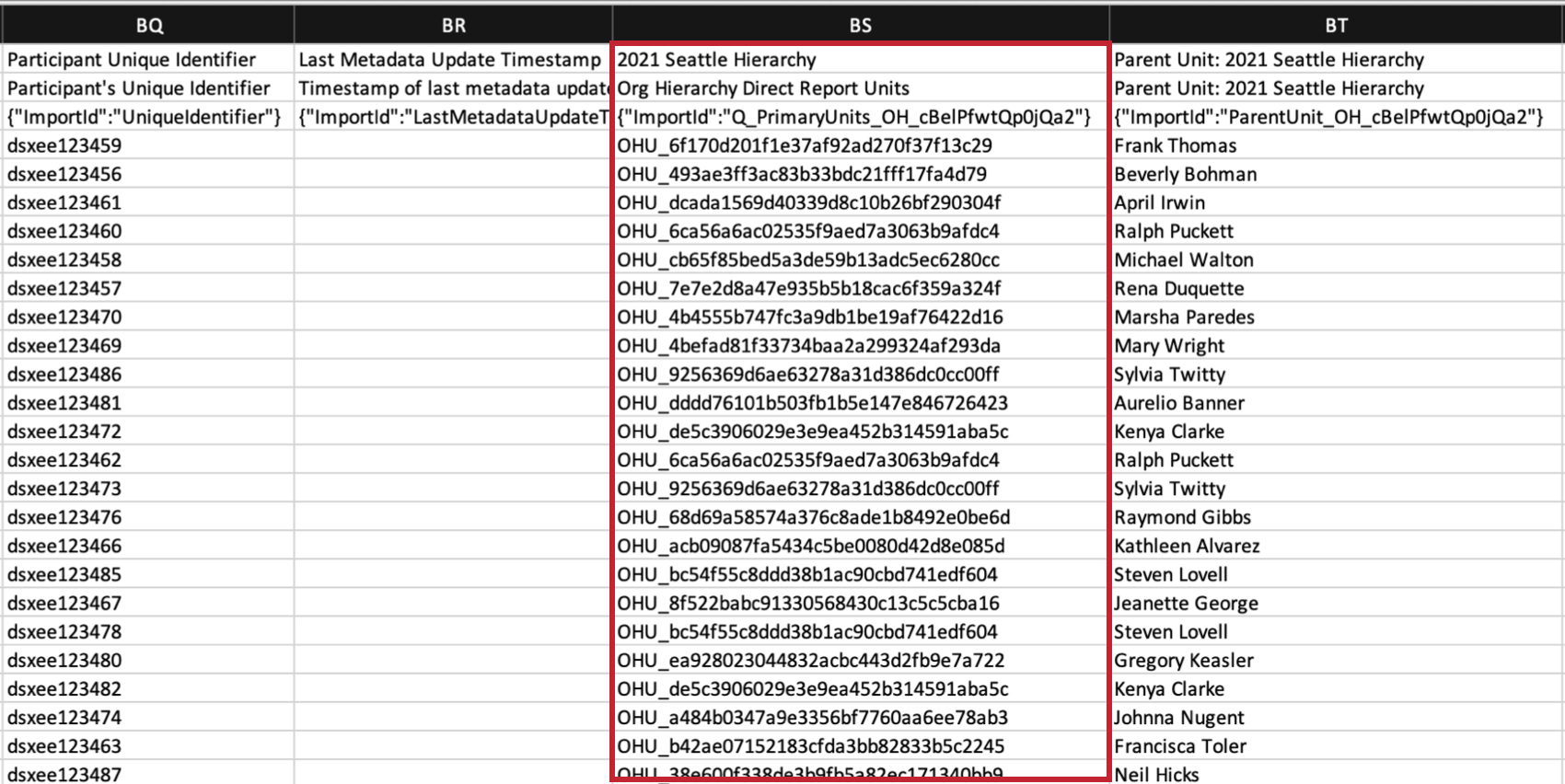 Image of a spreadsheet filled with unit IDs