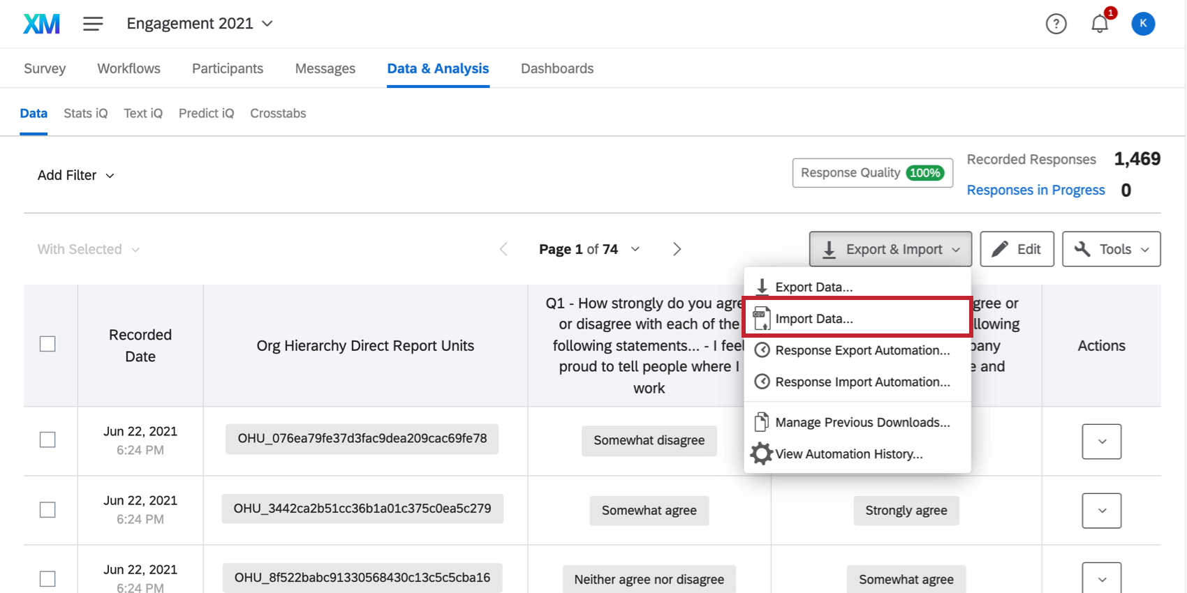 Image of the import option on the data and analysis page