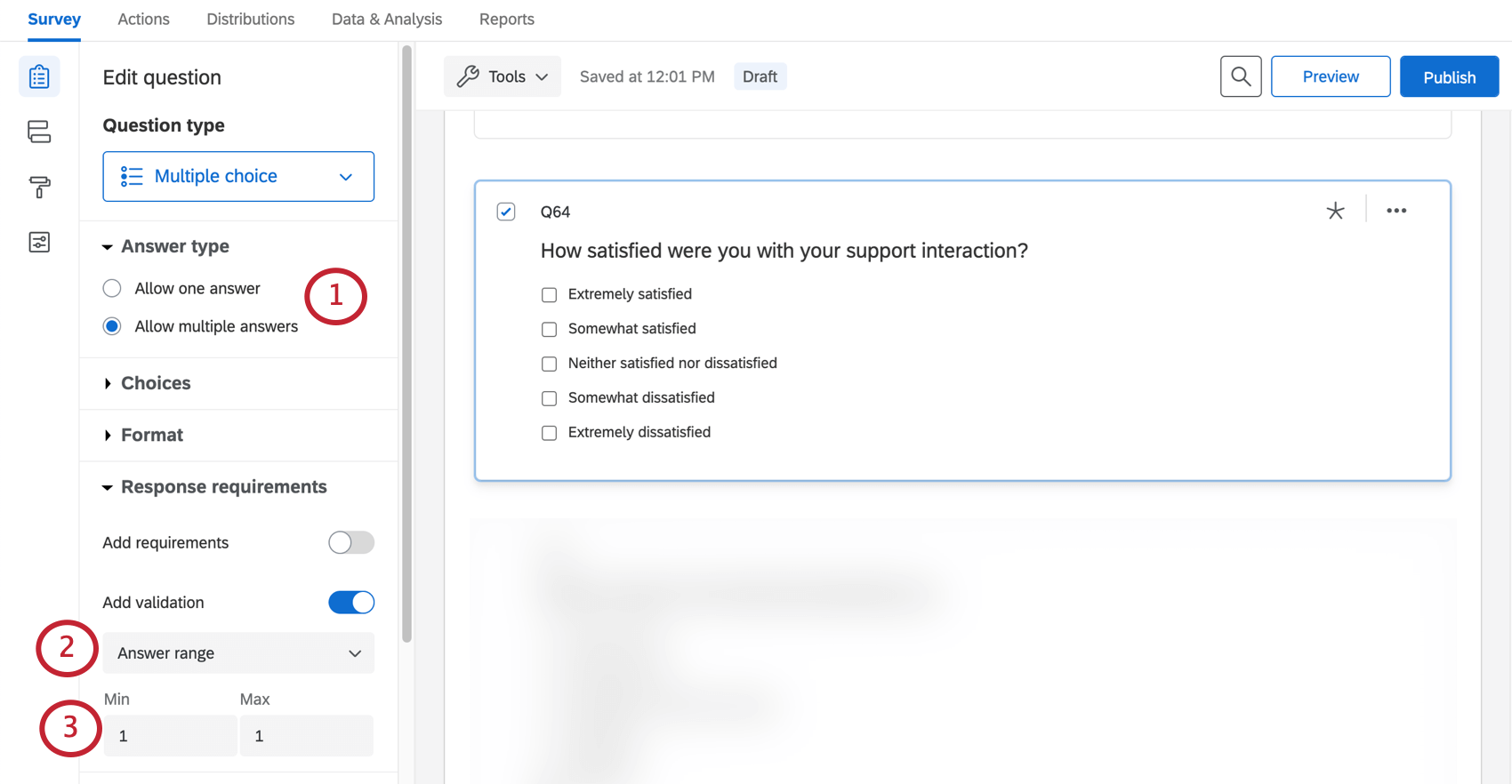 Image shows the steps described; settings can be found once a multiple choice question is selected
