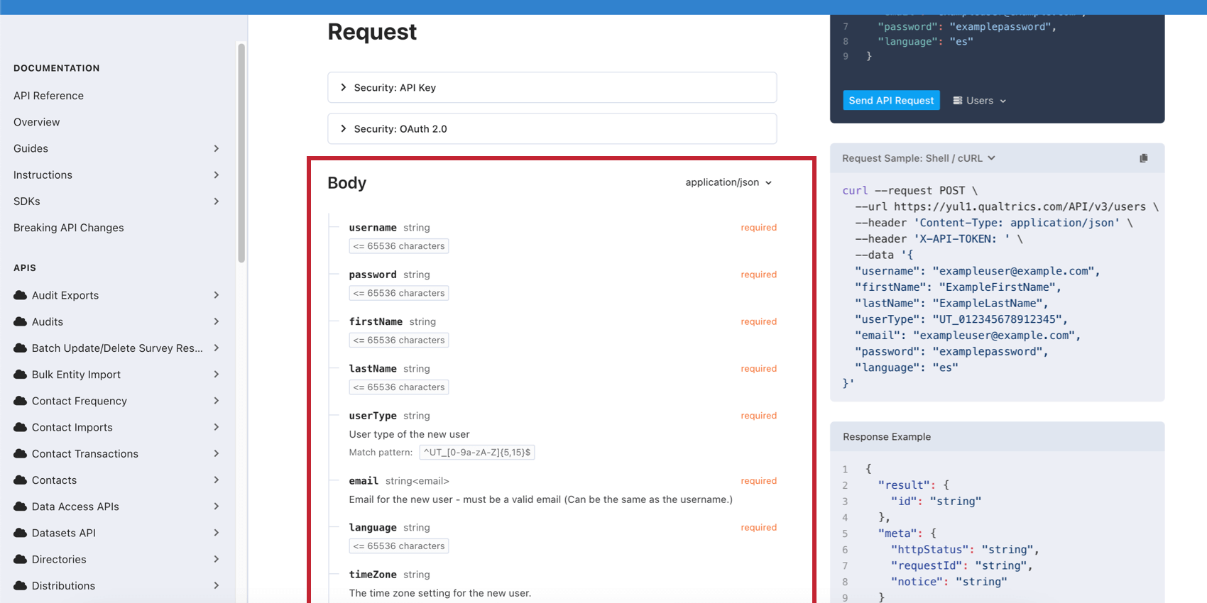List of Parameters for API call
