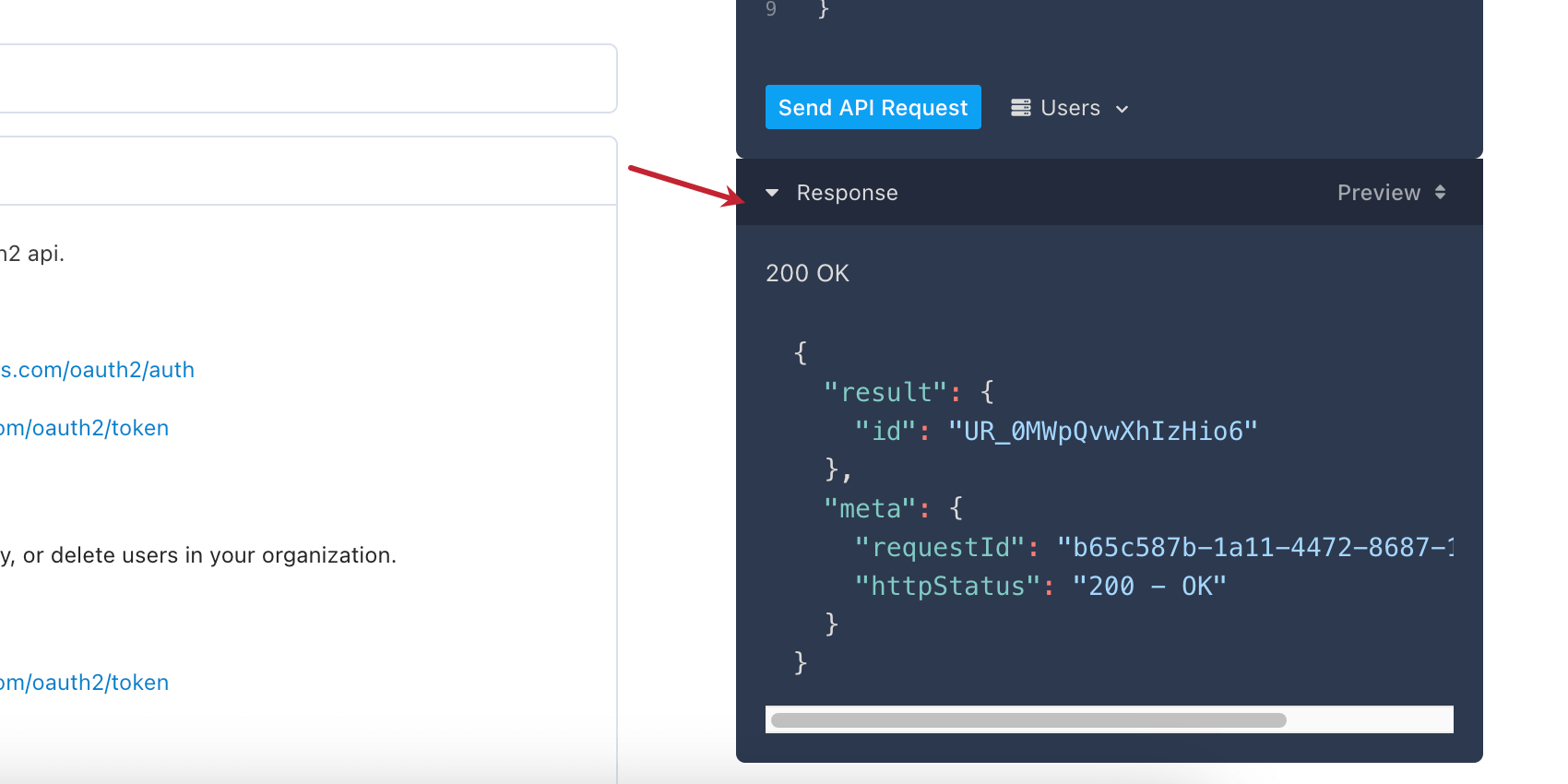 Die Ausgabe wird in einem schwarzen modalen Fenster direkt darunter angezeigt, in dem Sie den API getestet haben.