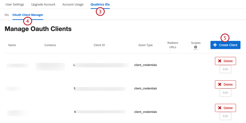 navegando até a seção oauth dos ids do qualtrics e clicando em criar cliente