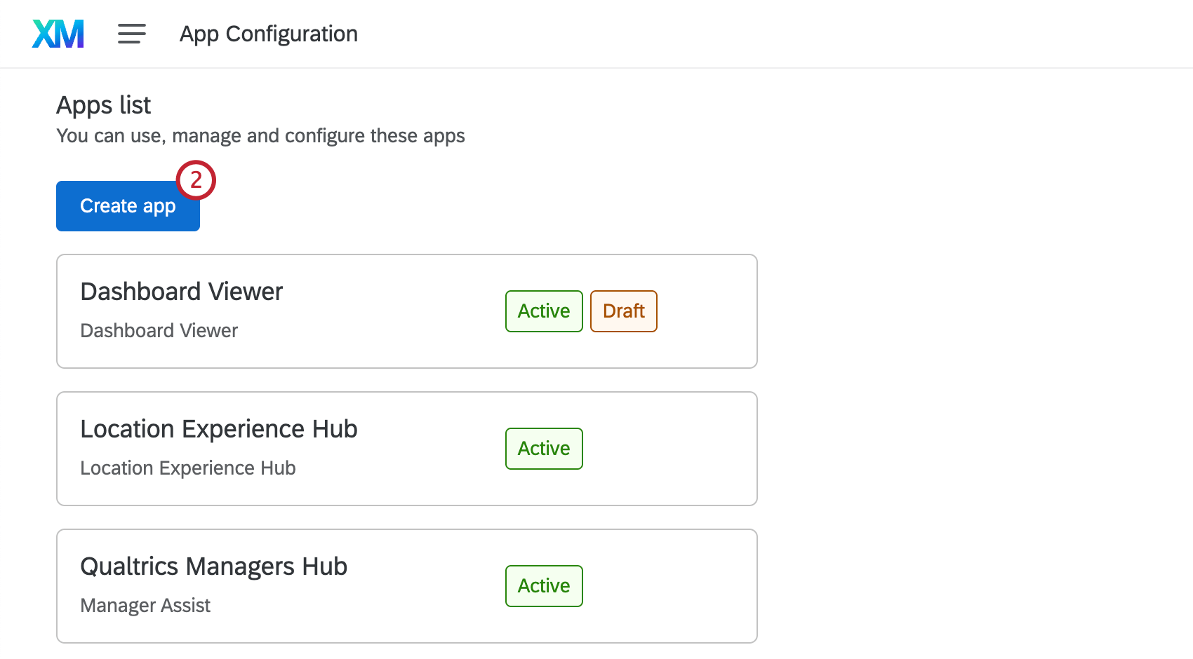 "Create app" button at the top of the app list