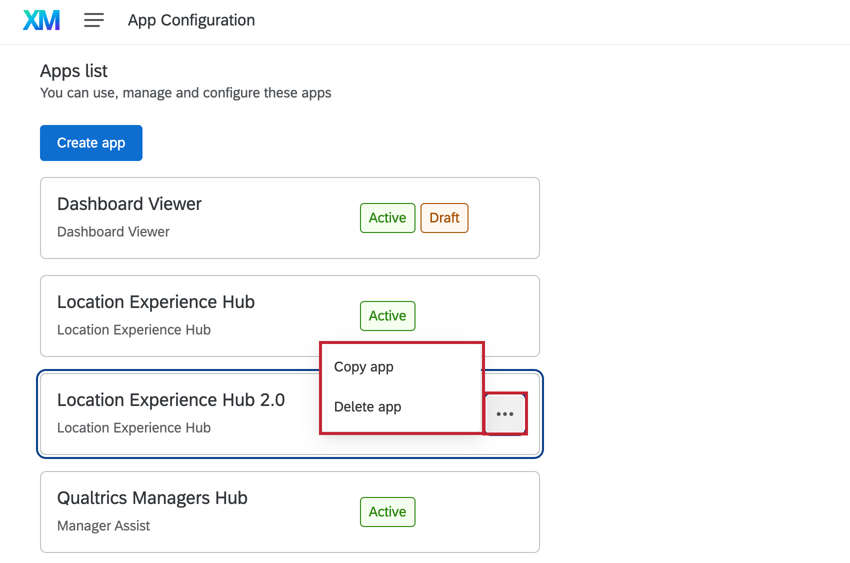 options to copy or delete an app