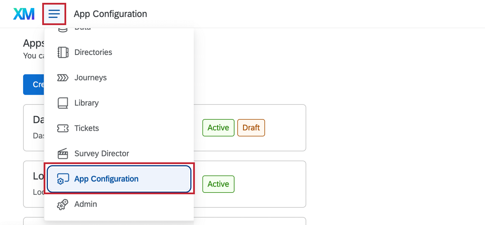 configuração do aplicativo no menu de navegação global
