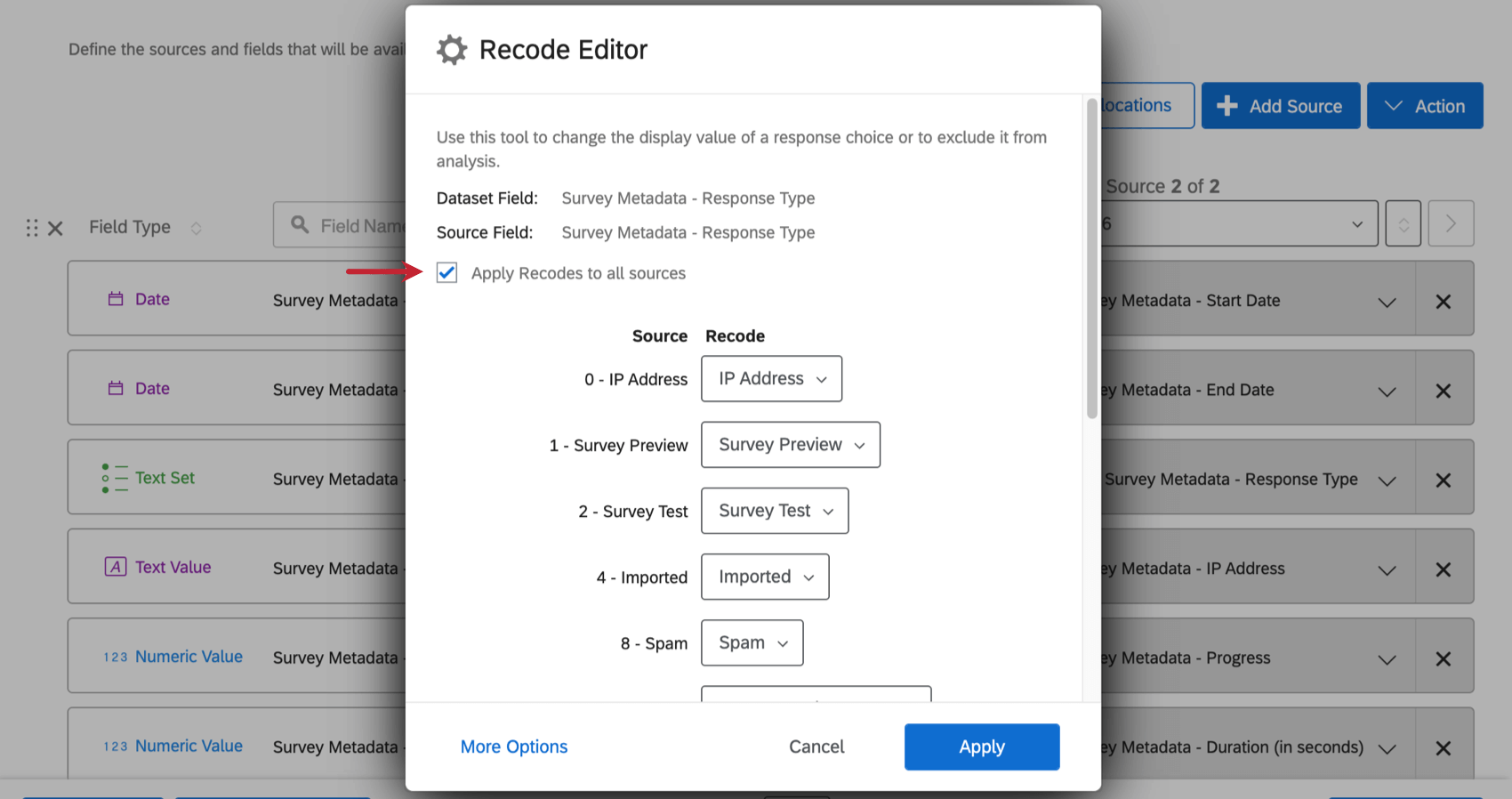 recode editor window has a checkbox that says "apply recodes to all sources" at the top