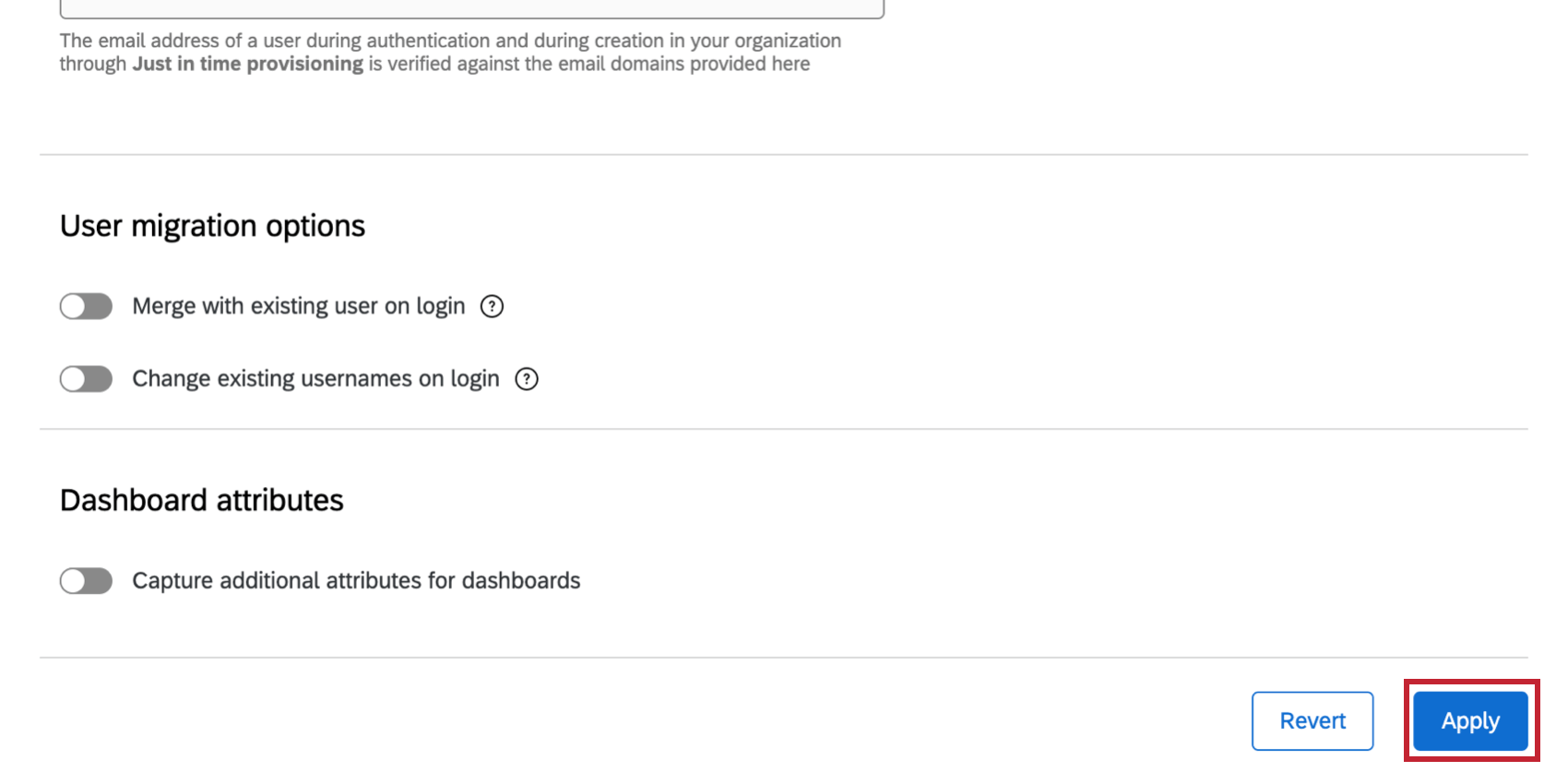 Bottom-right of page, Revert button in white, then Apply button in blue