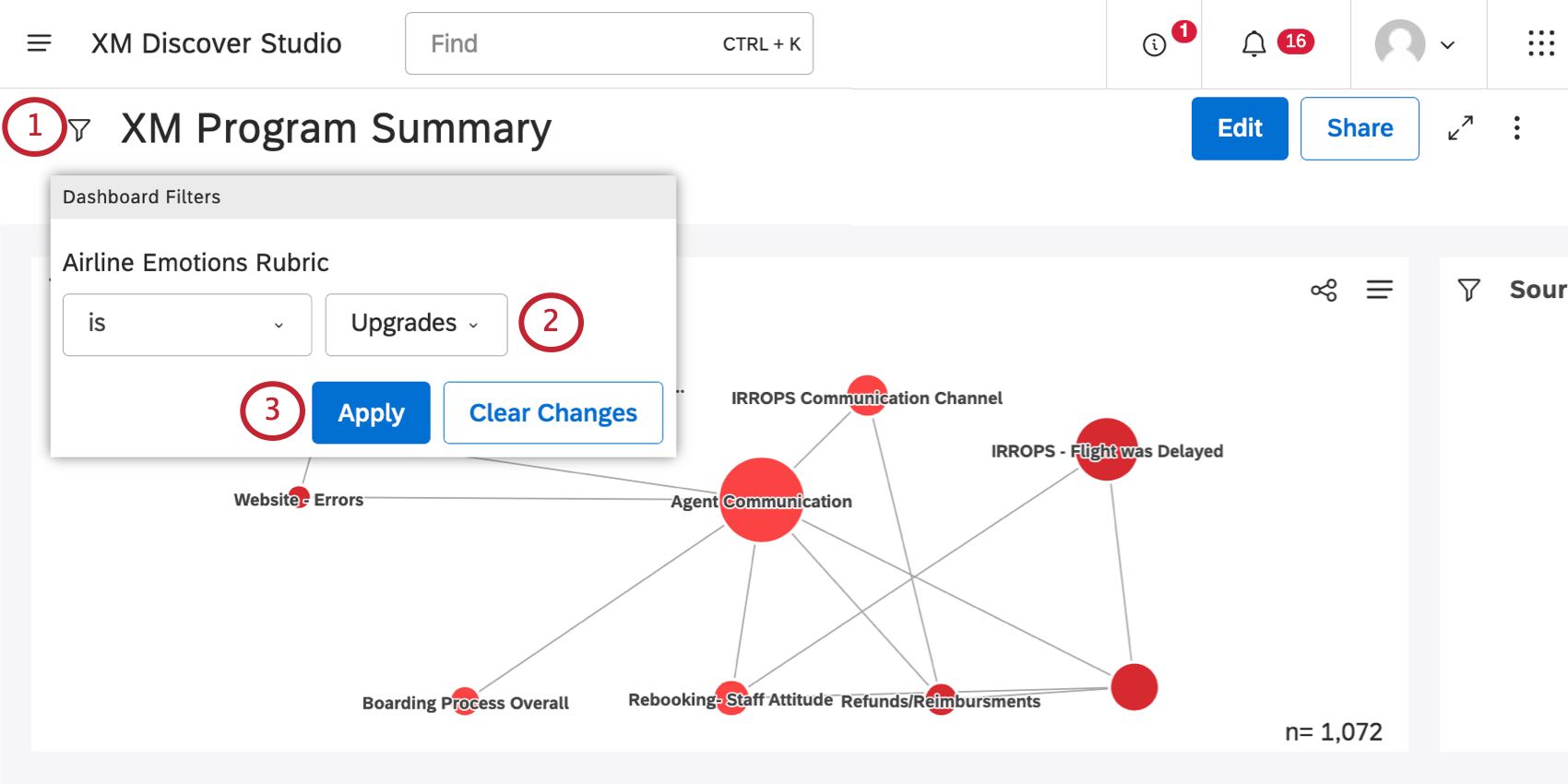 Filtermenü wird vom oberen Rand des Dashboard aus expandiert