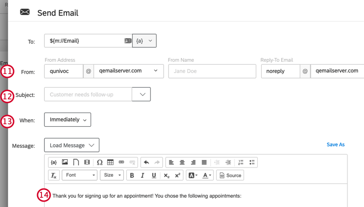 Eine E-Mail-Aufgabe anpassen: Wenn Sie eine E-Mail senden, können Sie die Angaben in den Feldern „Absenderadresse“, „Absendername“, „Antwortadresse“, „Betreff“ sowie den E-Mail-Text anpassen.