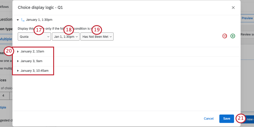 Il menu a tendina della domanda rivela lopzione QUOTA. Modifica dei campi per la logica di visualizzazione