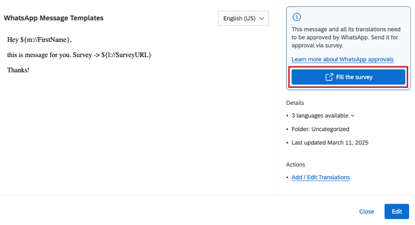 whatsappテンプレート作成後、アンケートリンクをクリックする