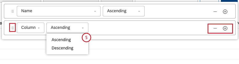 Selecione uma direção de classificação: Ascendente: Texto: A a Z, números: 0 a 9, datas: da mais antiga à mais recente. Descendente: Texto: Z para A, números: 9 a 0, datas: da mais recente à mais antiga.