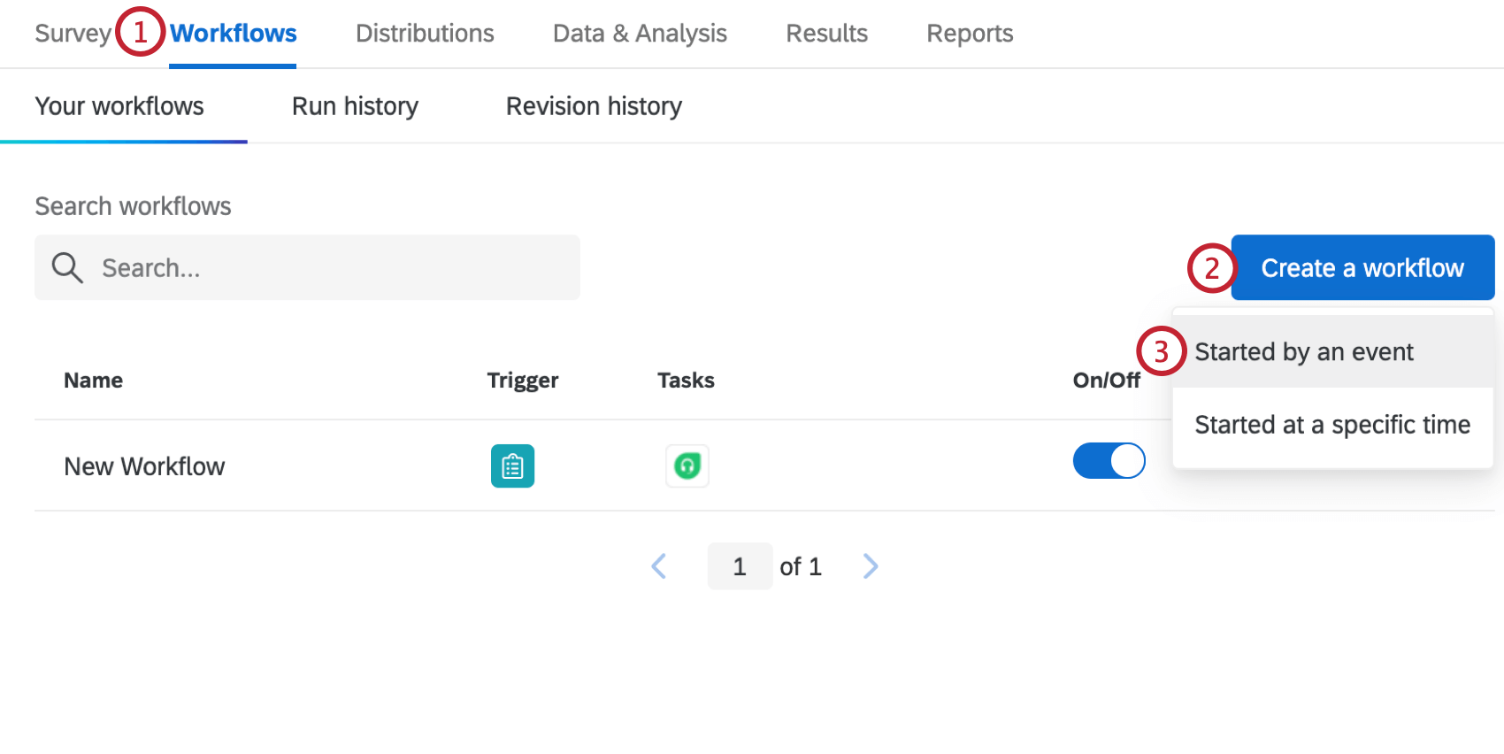 clicking create a new workflow in the top right and creating an event-based workflow