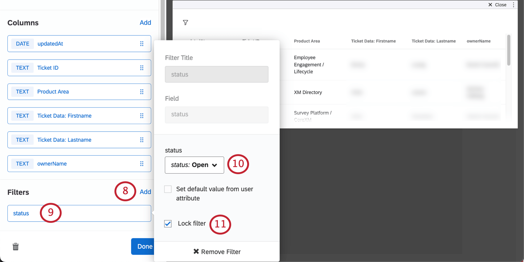 Clicar em adicionar filtro e abrir uma caixa de diálogo para criar o status e bloquear o filtro