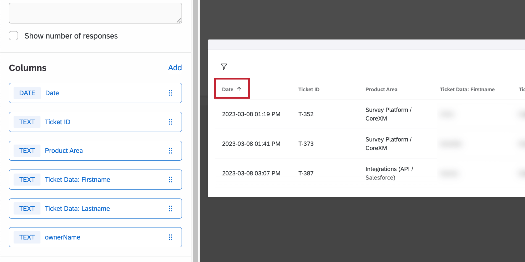 En-tête de colonne de la date dans le widget que vous êtes en train de modifier