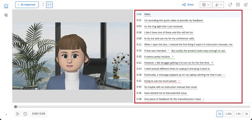 the transcript appears to the right of the video and follows along with the video content