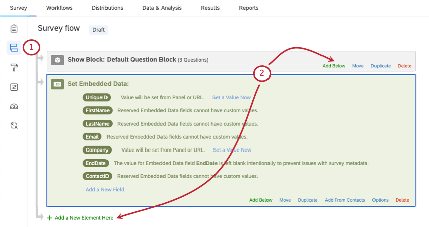 navigating to the survey flow and adding a new element