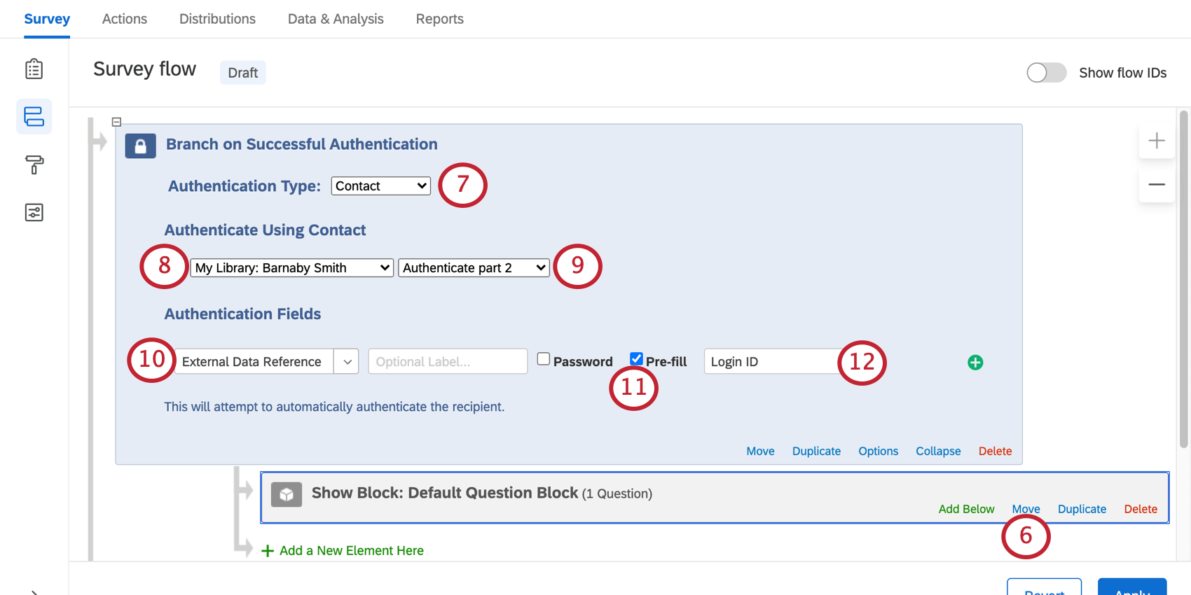 adicionar o autenticador com base no contato, selecionar a lista de contatos e, em seguida, adicionar o pré-preenchimento com base no loginID