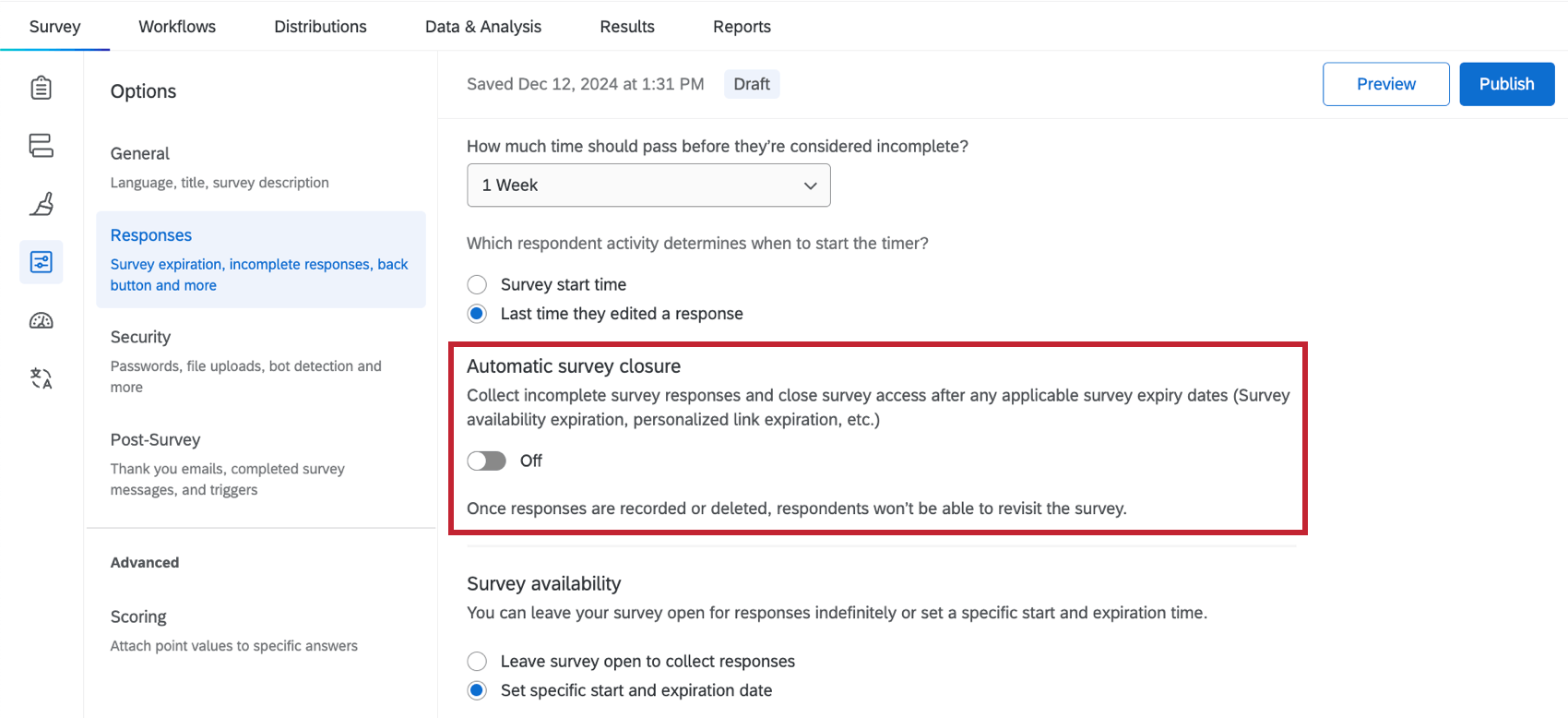 automatic survey closure settings within survey options