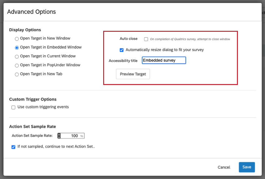 Open Target in Embedded Window with options on the right side