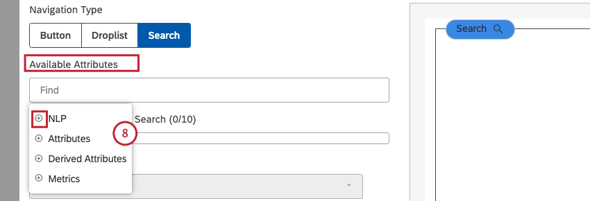 Select up to 10 text and numeric attributes to include in the search