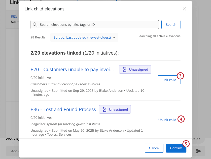 list of available elevations that can be linked