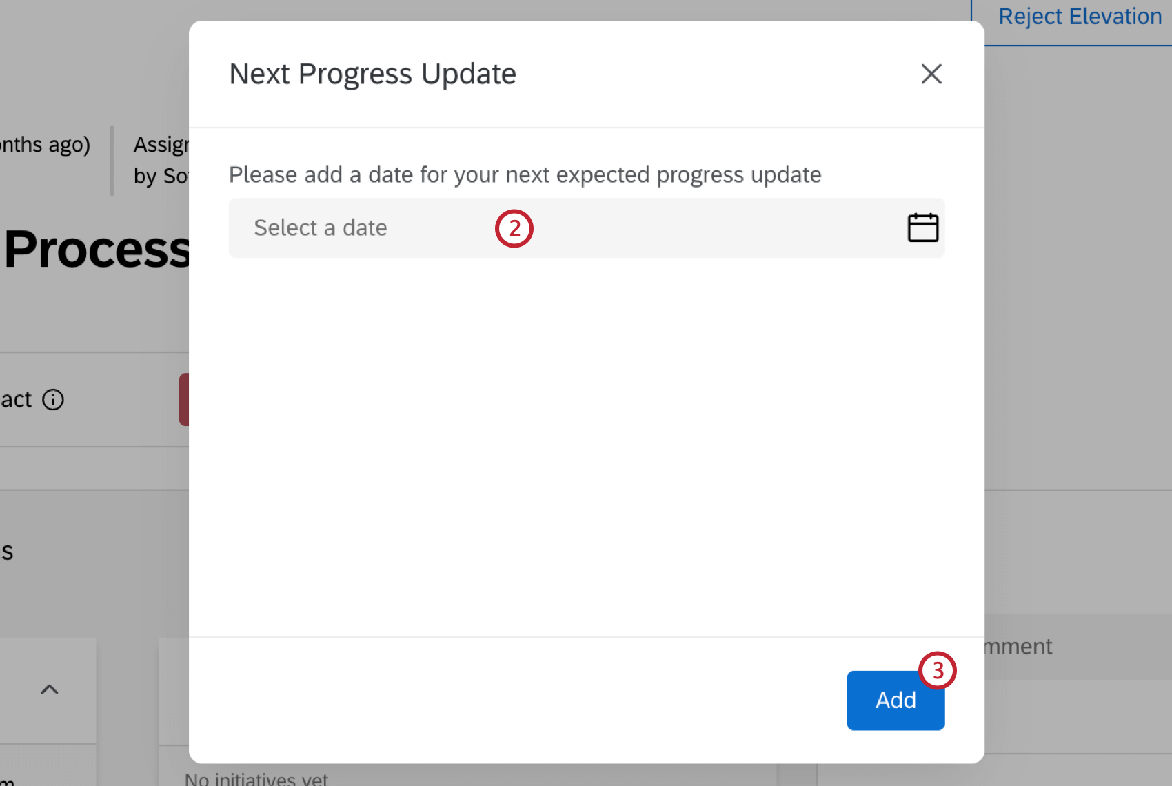 champ permettant de sélectionner une date pour la prochaine mise à jour de létat davancement