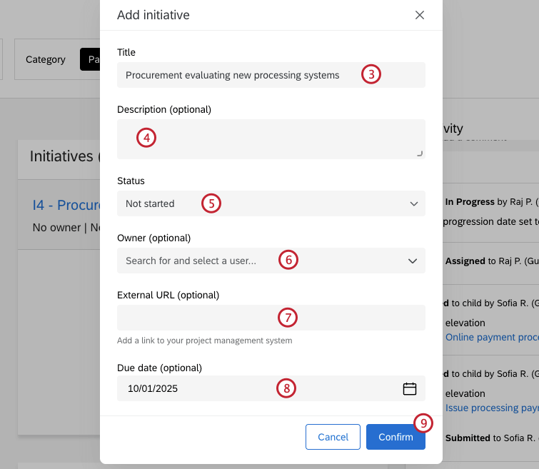 opciones de configuración de la iniciativa