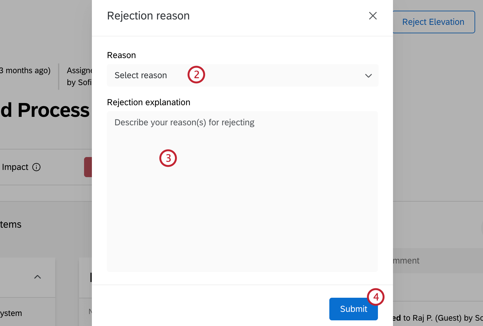 opções adicionais para descrever o motivo de uma rejeição