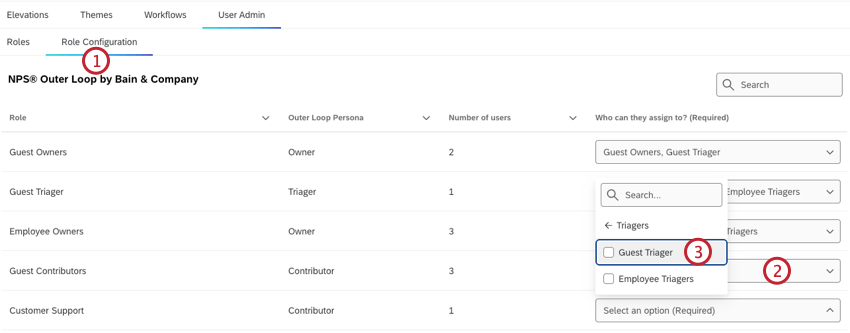columnas en la pestaña de configuración de roles