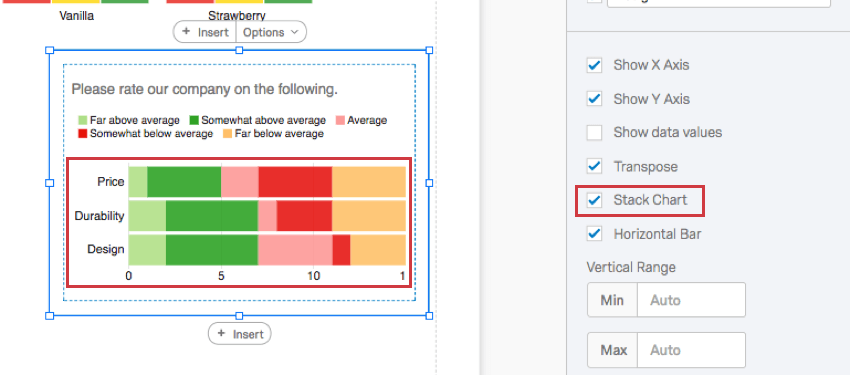Bars are colored stacked on top of each other because Stack Chart is selected