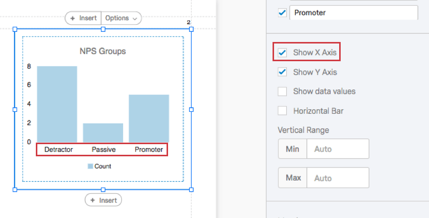 Labels show beneath the bars on a chart because Show X Axis is selected