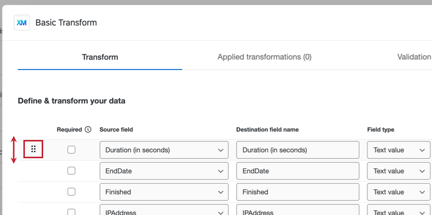 passare il mouse a sinistra di un campo per riordinarlo