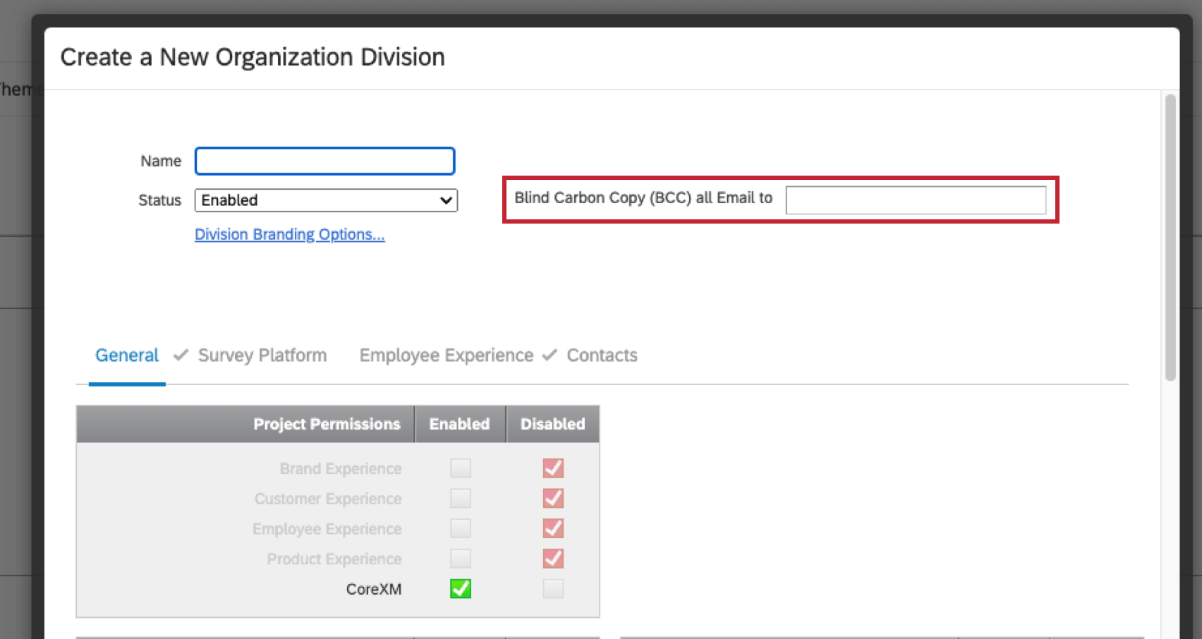 bcc field in a division admin tab