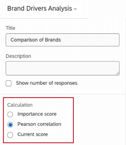 image du panneau dédition du widget. La section de calcul comporte 3 options - score dimportance, corrélation de pearson et score actuel
