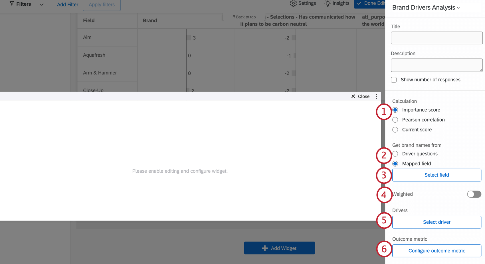 Paramètres de calcul dans le panneau dédition du widget
