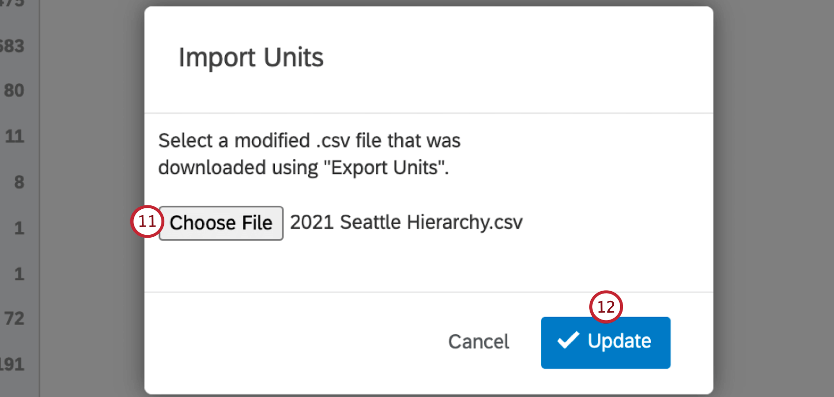 selecting a file to import units