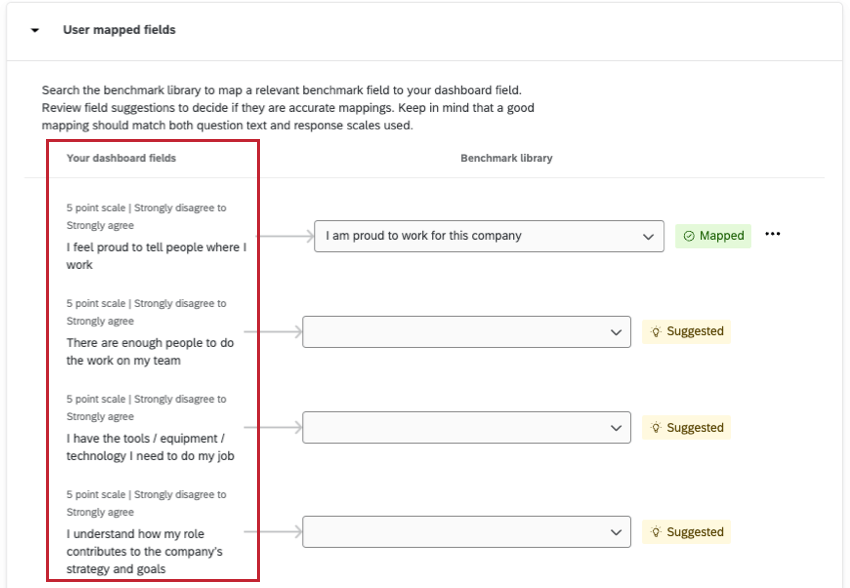 Creating a Qualtrics benchmark, the fields from your dashboard that you can map highlighted