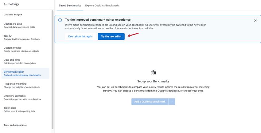 banner nella parte superiore delleditor di benchmark che avvisa lutente di unesperienza migliorata, con un grande pulsante blu su cui è possibile fare clic per convertire