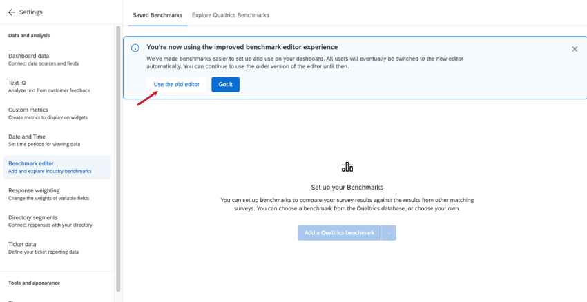 ベンチマークエディター上部に、新しく改善されたエクスペリエンスを使用していることを示すバナー。