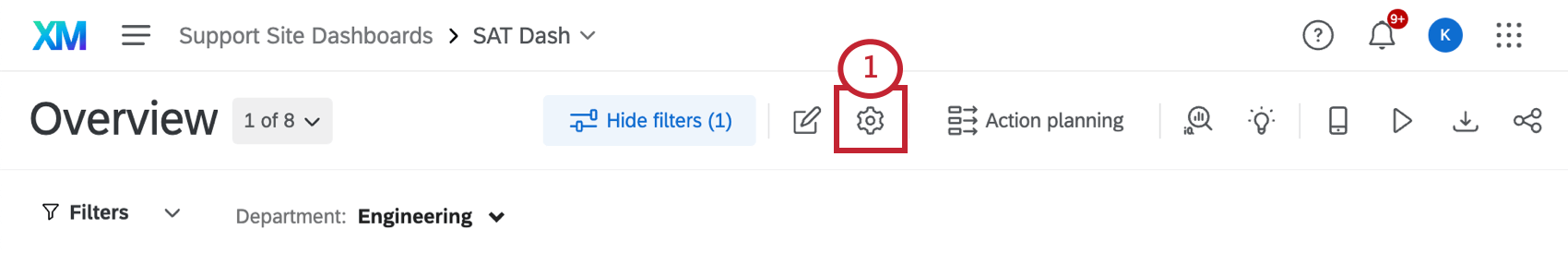 navegação na parte superior do dashboard, engrenagem destacada
