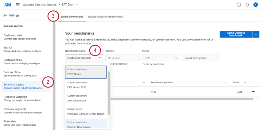 navegar até o editor de benchmark e, em seguida, ajustar o menu suspenso de benchmark para ver os diferentes benchmarks que você criou