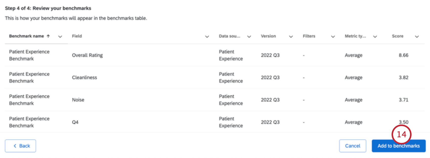 benchmark review & "add to benchmarks" button