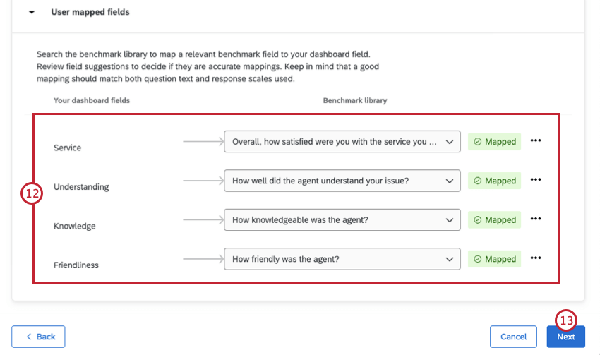 mapping dashboard fields to benchmarks