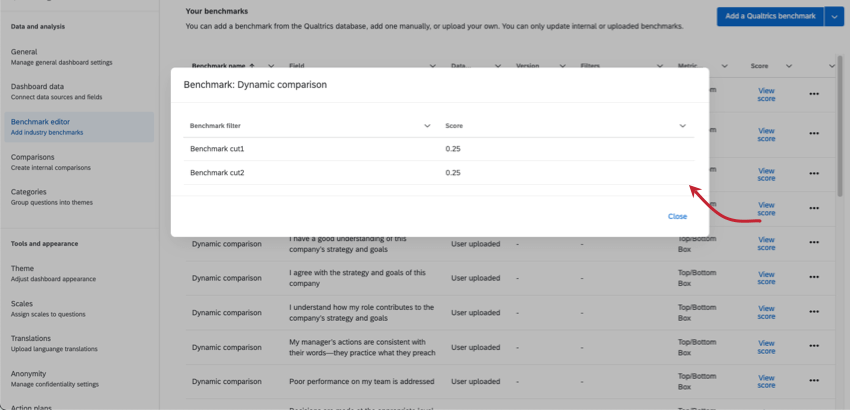 visualizzazione delleditor di benchmark nelle impostazioni di una dashboard di engagement