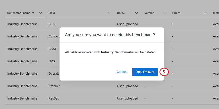 janela pop-up com um aviso sobre o impacto da exclusão de benchmarks
