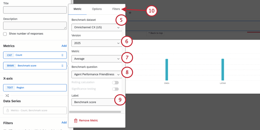 Al agregar un punto de referencia como métrica, se abre un modal a la derecha donde puede jugar con datos prediseñados de Qualtrics.