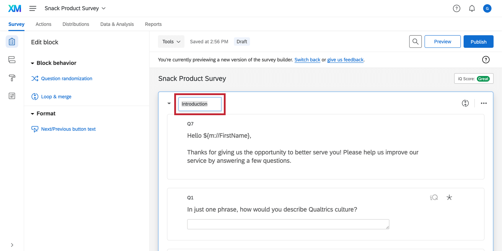 Renaming a block; the block name is selected and highlighted